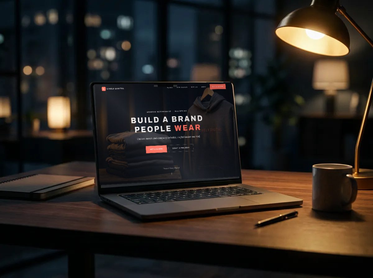 Laptop on a dark desk displaying a modern website design